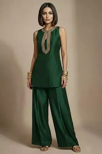 Green embroidered raw silk co ord set