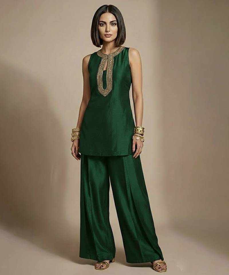 Green embroidered raw silk co ord set