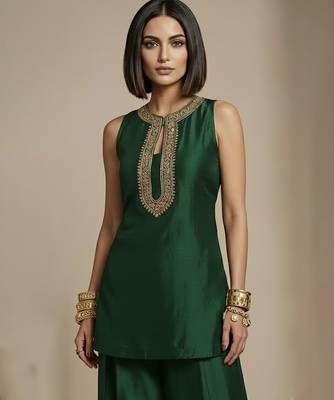 Green embroidered raw silk co ord set 2