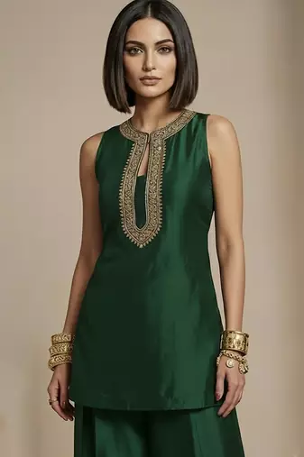 Green embroidered raw silk co ord set
