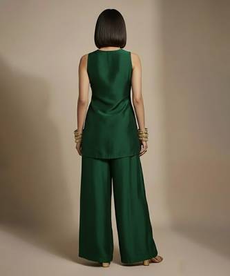 Green embroidered raw silk co ord set 3