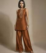 Copper brown embroidered raw silk co ord set