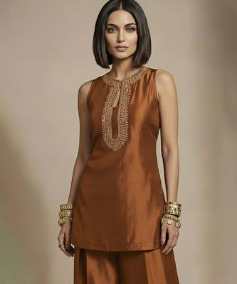 Copper brown embroidered raw silk co ord set 2