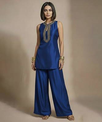 Blue embroidered raw silk co ord set 1