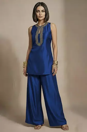 Blue embroidered raw silk co ord set