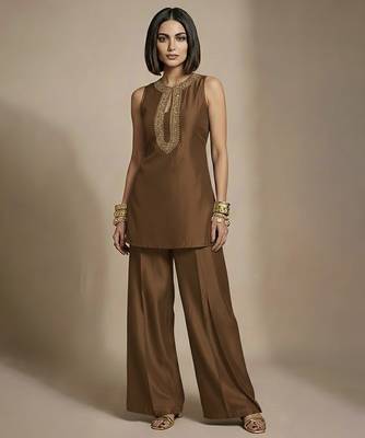Brown embroidered raw silk co ord set 1