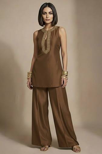 Brown embroidered raw silk co ord set