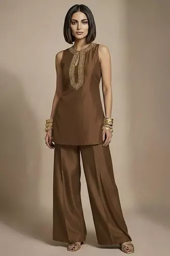 Brown embroidered raw silk co ord set