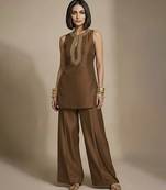 Brown embroidered raw silk co ord set