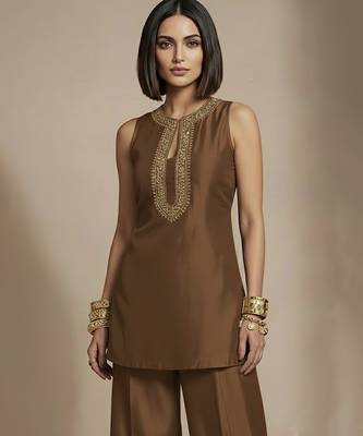 Brown embroidered raw silk co ord set 2