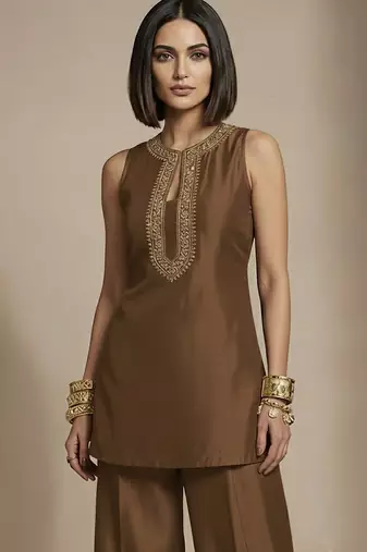 Brown embroidered raw silk co ord set
