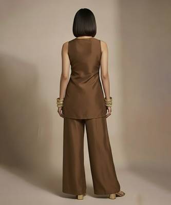 Brown embroidered raw silk co ord set 3