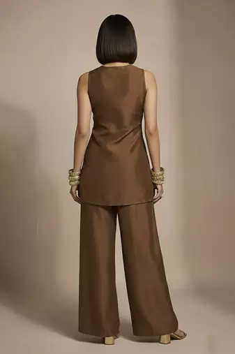 Brown embroidered raw silk co ord set