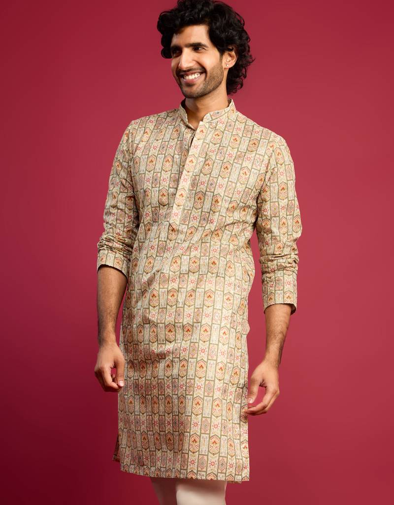 mint green cotton blend digital print sequin long kurta | wedding festive wear