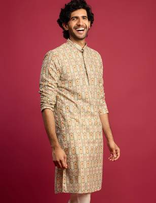 mint green cotton blend digital print sequin long kurta | wedding festive wear 4