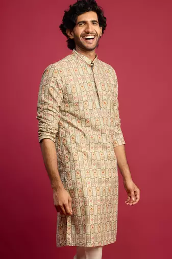 mint green cotton blend digital print sequin long kurta | wedding festive wear