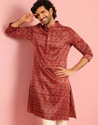maroon silk blend kurta | all-over traditional ajrakh digital print design 1