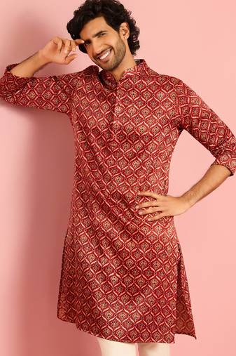 maroon silk blend kurta | all-over traditional ajrakh digital print design