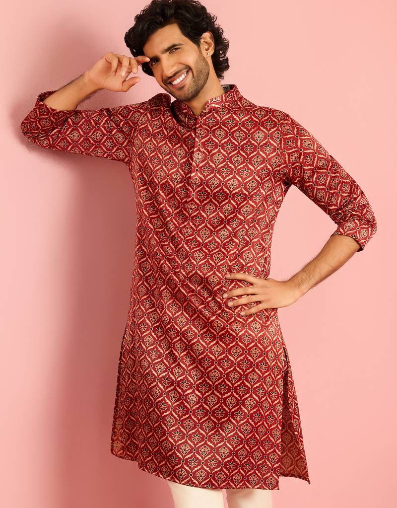 maroon silk blend kurta | all-over traditional ajrakh digital print design