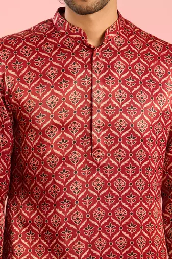 maroon silk blend kurta | all-over traditional ajrakh digital print design