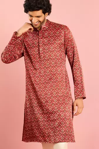 maroon silk blend kurta | all-over traditional ajrakh digital print design