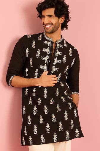 black thread embroidered mustang kurta | wedding eid festive wear
