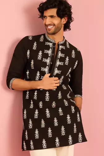 black thread embroidered mustang kurta | wedding eid festive wear