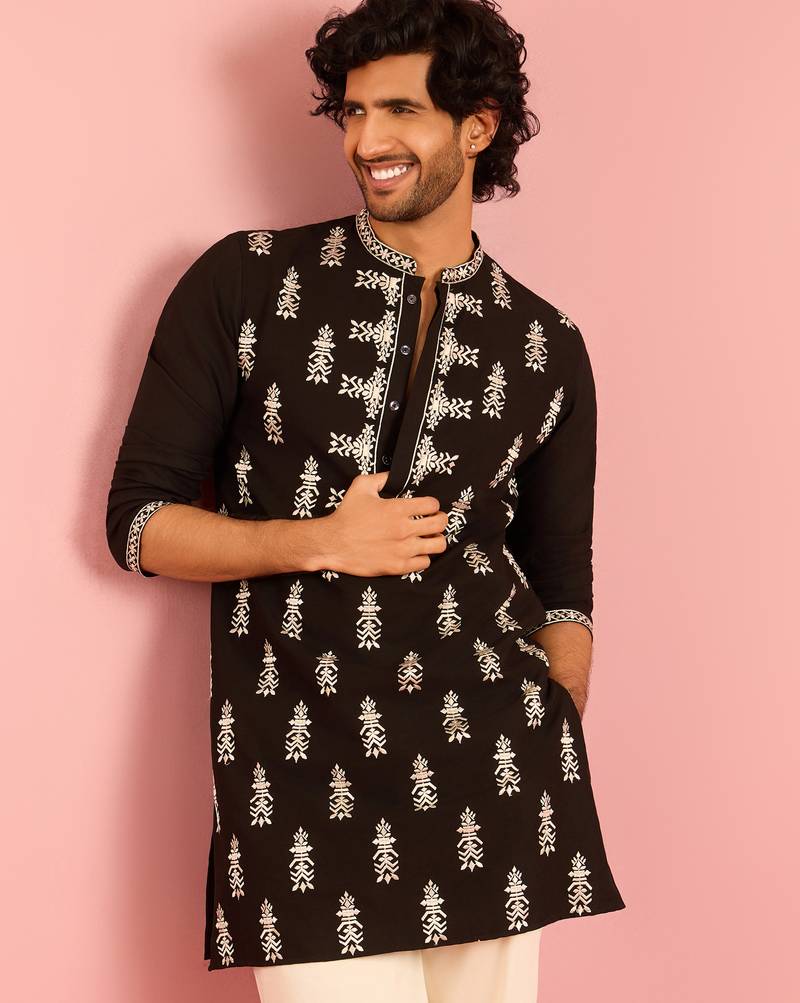 black thread embroidered mustang kurta | wedding eid festive wear