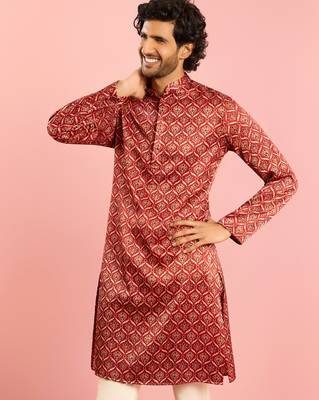 maroon silk blend kurta | all-over traditional ajrakh digital print design 4
