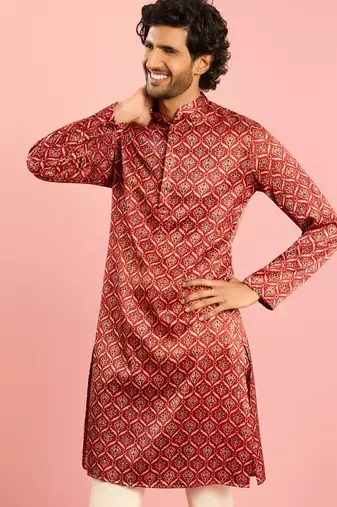 maroon silk blend kurta | all-over traditional ajrakh digital print design