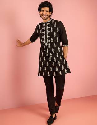 black embroidered kurta pant set | thread work geometric pattern ethnic wear 1