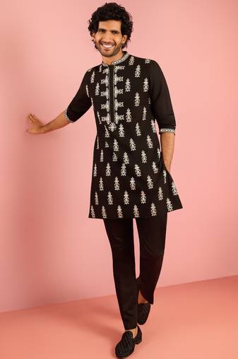 black embroidered kurta pant set | thread work geometric pattern ethnic wear