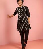 black embroidered kurta pant set | thread work geometric pattern ethnic wear