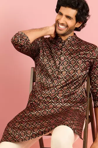 black silk blend kurta | traditional ajrakh digital print all-over design