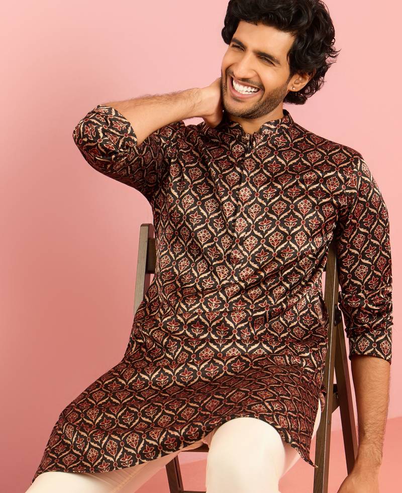 black silk blend kurta | traditional ajrakh digital print all-over design