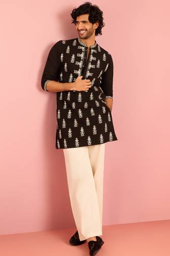 black embroidered kurta palazzo set | thread work geometric design with cream wide leg bottom