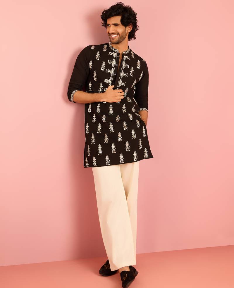 black embroidered kurta palazzo set | thread work geometric design with cream wide leg bottom