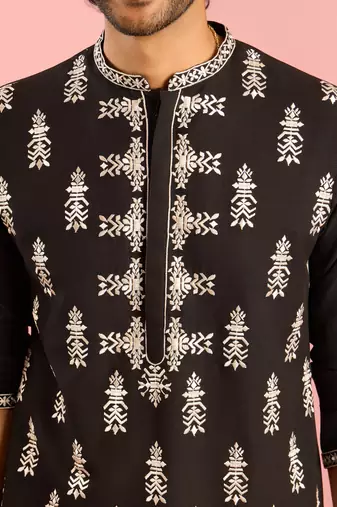 black embroidered kurta pant set | thread work geometric pattern ethnic wear