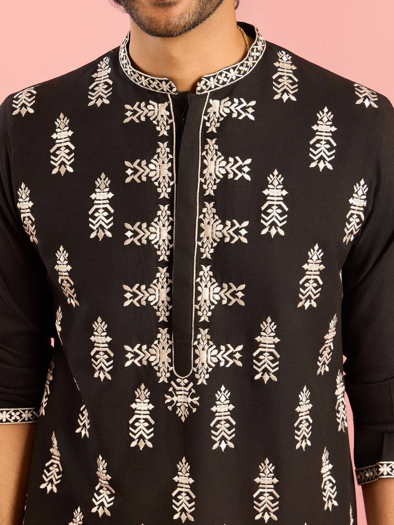 black embroidered kurta pant set | thread work geometric pattern ethnic wear