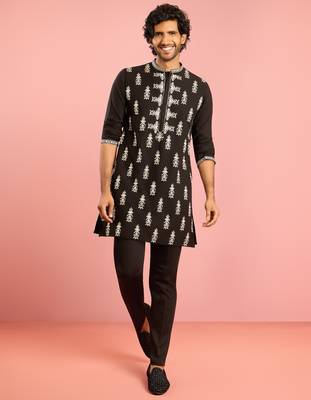 black embroidered kurta pant set | thread work geometric pattern ethnic wear 3
