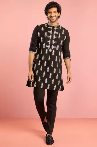 black embroidered kurta pant set | thread work geometric pattern ethnic wear