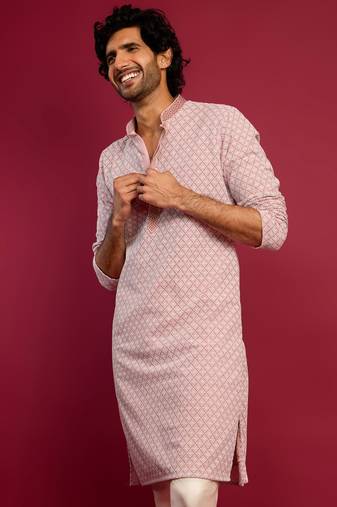 pink faux georgette thread embroidered long kurta | wedding festive wear