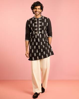 black embroidered kurta palazzo set | thread work geometric design with cream wide leg bottom 3
