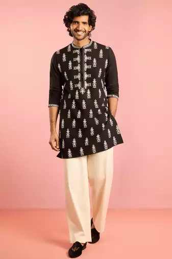 black embroidered kurta palazzo set | thread work geometric design with cream wide leg bottom