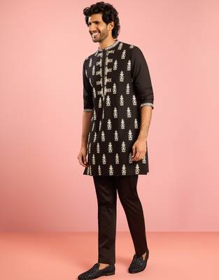 black embroidered kurta pant set | thread work geometric pattern ethnic wear 4