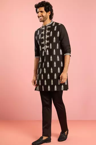 black embroidered kurta pant set | thread work geometric pattern ethnic wear