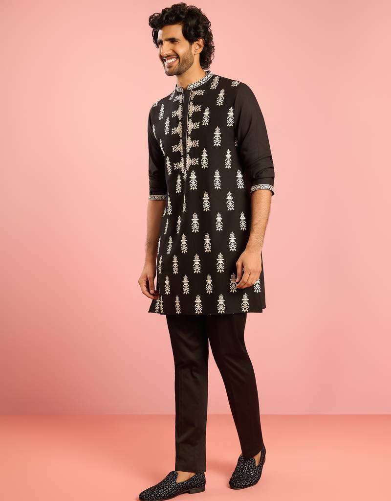 black embroidered kurta pant set | thread work geometric pattern ethnic wear