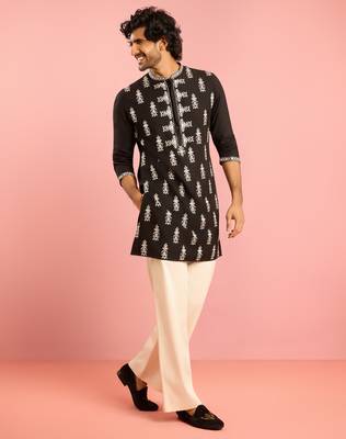 black embroidered kurta palazzo set | thread work geometric design with cream wide leg bottom 4