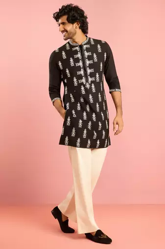 black embroidered kurta palazzo set | thread work geometric design with cream wide leg bottom