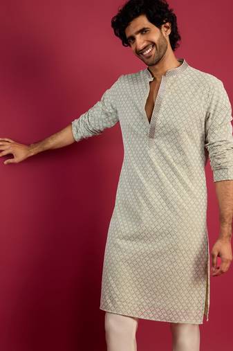 mint green faux georgette thread embroidered long kurta | wedding festive wear